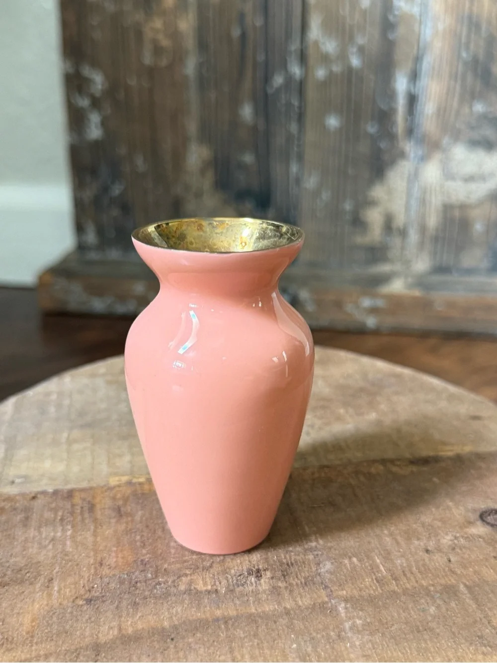 Vintage Miniature Pink Enamel On Brass Bud Vase 3.5” Tall RARE